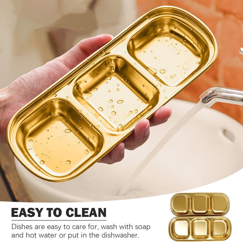 DOERDO DD DOERDO 2Pcs Stainless Steel Dipping Sauce Dishes 3 Compartment Appetizer Serving Trays Snack Dishes for Restaurant Kitchen Gold 81x33 Inch - Image 4