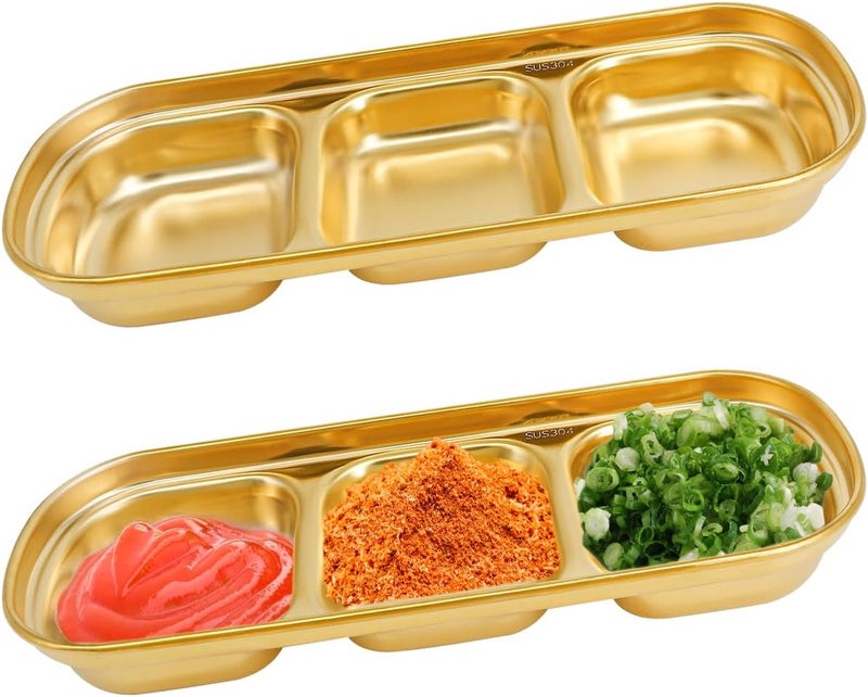 DOERDO DD DOERDO 2Pcs Stainless Steel Dipping Sauce Dishes 3 Compartment Appetizer Serving Trays Snack Dishes for Restaurant Kitchen Gold 81x33 Inch - Image 1