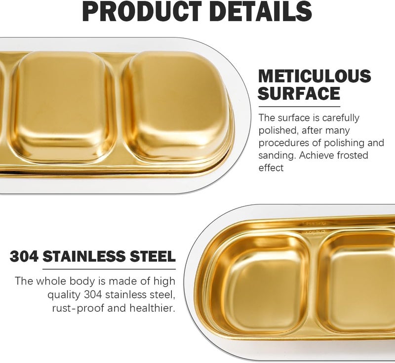 DOERDO DD DOERDO 2Pcs Stainless Steel Dipping Sauce Dishes 3 Compartment Appetizer Serving Trays Snack Dishes for Restaurant Kitchen Gold 81x33 Inch - Image 3