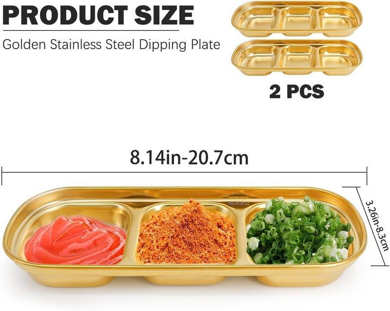 DOERDO DD DOERDO 2Pcs Stainless Steel Dipping Sauce Dishes 3 Compartment Appetizer Serving Trays Snack Dishes for Restaurant Kitchen Gold 81x33 Inch - Image 2