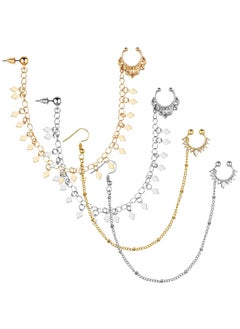 Nose Ring Hoop Chain, Fake Diaphragm Ring Non Pierced Nose Ring to Ear Chain with Fringe, Nose Ring Ear Chain All in One Jewelry for Women Girls 4 Pcs, Gold Silver