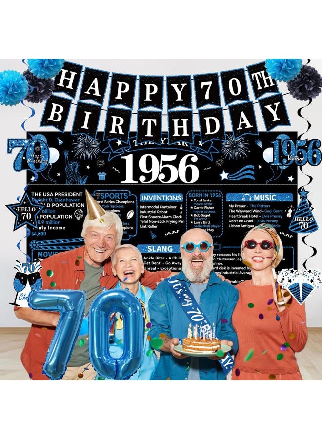 Uiorgui 70th Birthday Decorations for Men, 19pcs Black Blue Vintage 1956 Happy 70th Birthday Banner Backdrop Balloons Sash Hanging Swirls Table Centerpieces Paper Pompoms, 70 Years Old Party Supplies Kit - Image 3