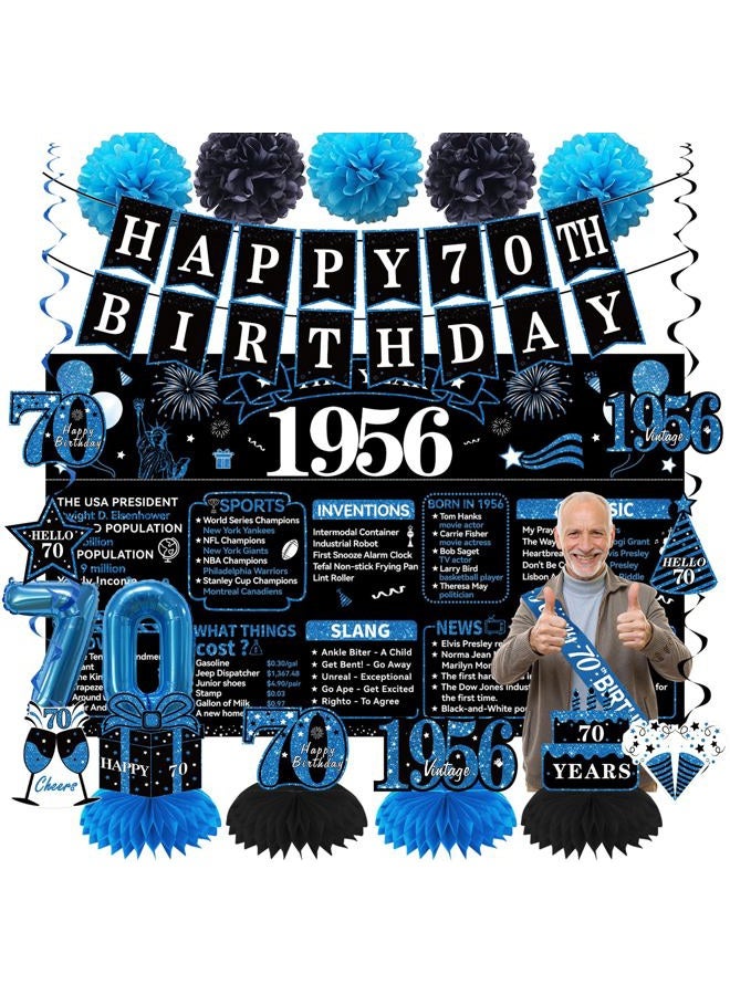 Uiorgui 70th Birthday Decorations for Men, 19pcs Black Blue Vintage 1956 Happy 70th Birthday Banner Backdrop Balloons Sash Hanging Swirls Table Centerpieces Paper Pompoms, 70 Years Old Party Supplies Kit - Image 1