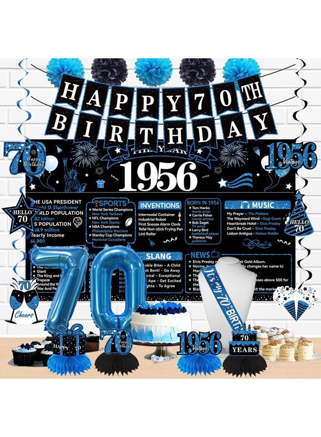 Uiorgui 70th Birthday Decorations for Men, 19pcs Black Blue Vintage 1956 Happy 70th Birthday Banner Backdrop Balloons Sash Hanging Swirls Table Centerpieces Paper Pompoms, 70 Years Old Party Supplies Kit - Image 4