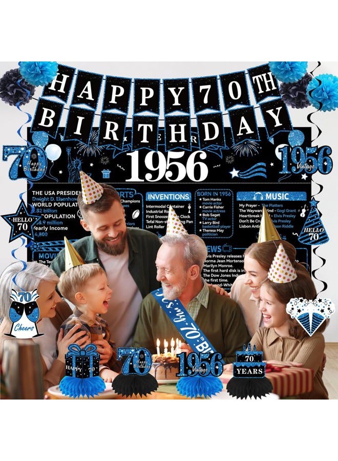 Uiorgui 70th Birthday Decorations for Men, 19pcs Black Blue Vintage 1956 Happy 70th Birthday Banner Backdrop Balloons Sash Hanging Swirls Table Centerpieces Paper Pompoms, 70 Years Old Party Supplies Kit - Image 5