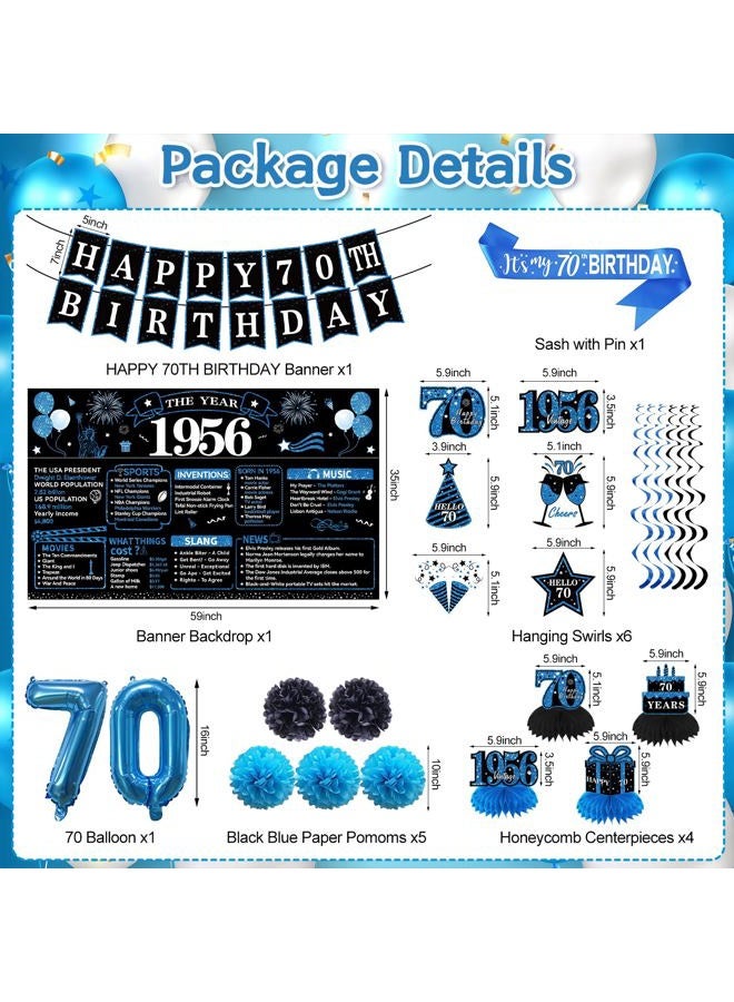 Uiorgui 70th Birthday Decorations for Men, 19pcs Black Blue Vintage 1956 Happy 70th Birthday Banner Backdrop Balloons Sash Hanging Swirls Table Centerpieces Paper Pompoms, 70 Years Old Party Supplies Kit - Image 2