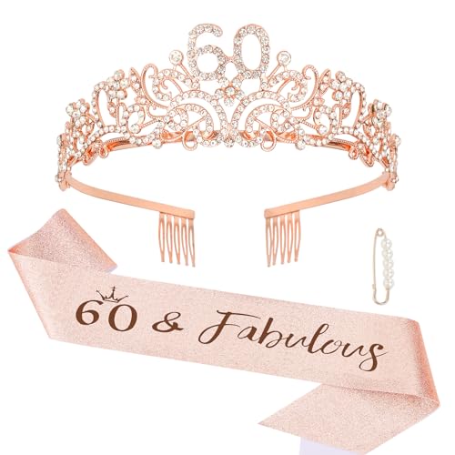 Semato Rose Gold 60th Birthday Tiara and Sash Glitter Kit for Women - Glamorous Celebratory Birthday Crown and Sash - Rhinestone, Alloy, Party Supply Packs - Image 1