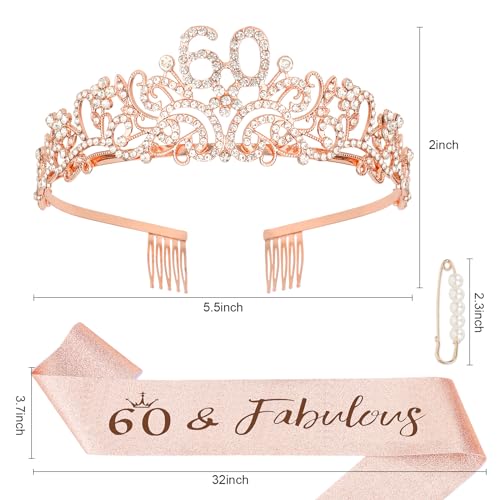Semato Rose Gold 60th Birthday Tiara and Sash Glitter Kit for Women - Glamorous Celebratory Birthday Crown and Sash - Rhinestone, Alloy, Party Supply Packs - Image 2