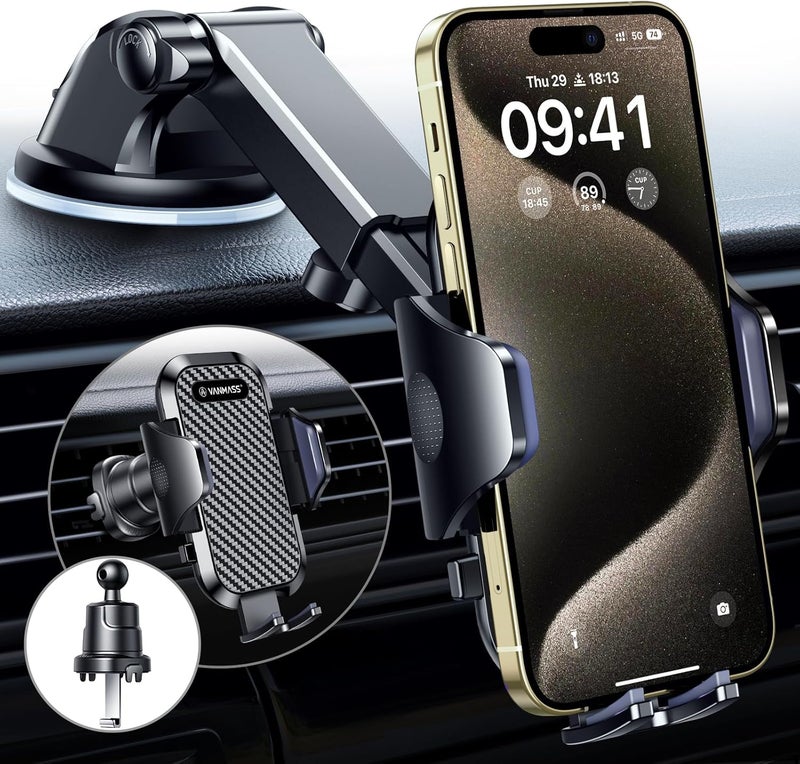 VANMASS 2025 Best Car Phone Holder - Upgraded Suction & Clip, Rotatable Universal Mobile Phone Mount for Dashboard, Windscreen, and Vent - Image 1