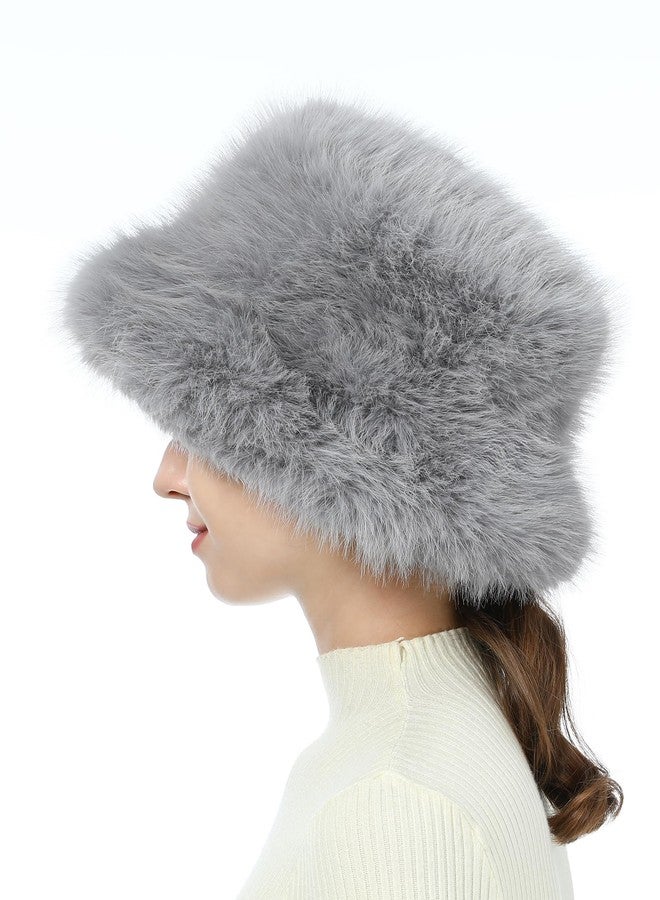 LA CARRIE Women's Fuzzy Wide Brim Faux Fur Bucket Hat Winter Warmer Fisherman Cap(Gray) - Image 5