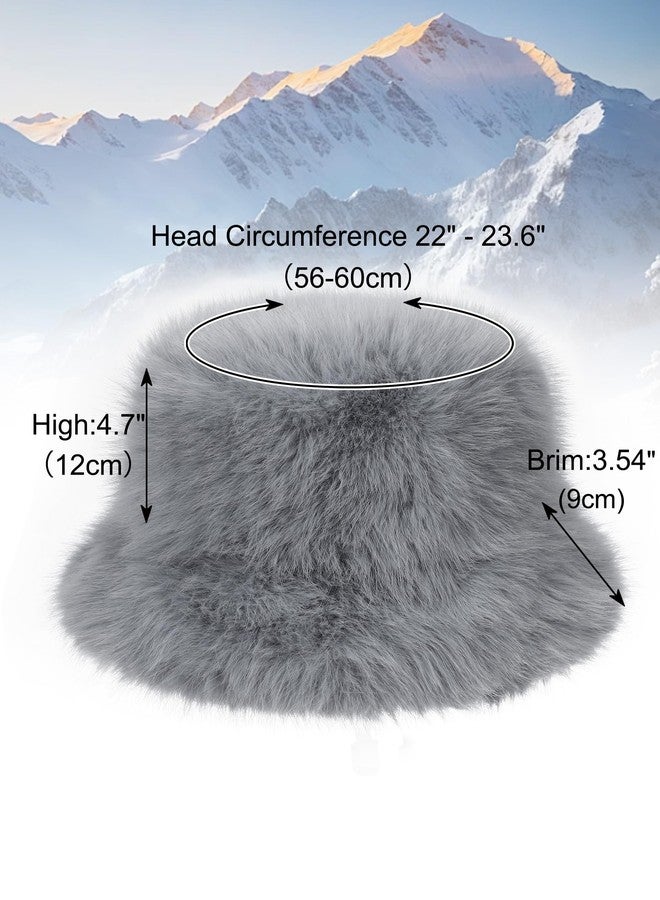 LA CARRIE Women's Fuzzy Wide Brim Faux Fur Bucket Hat Winter Warmer Fisherman Cap(Gray) - Image 3