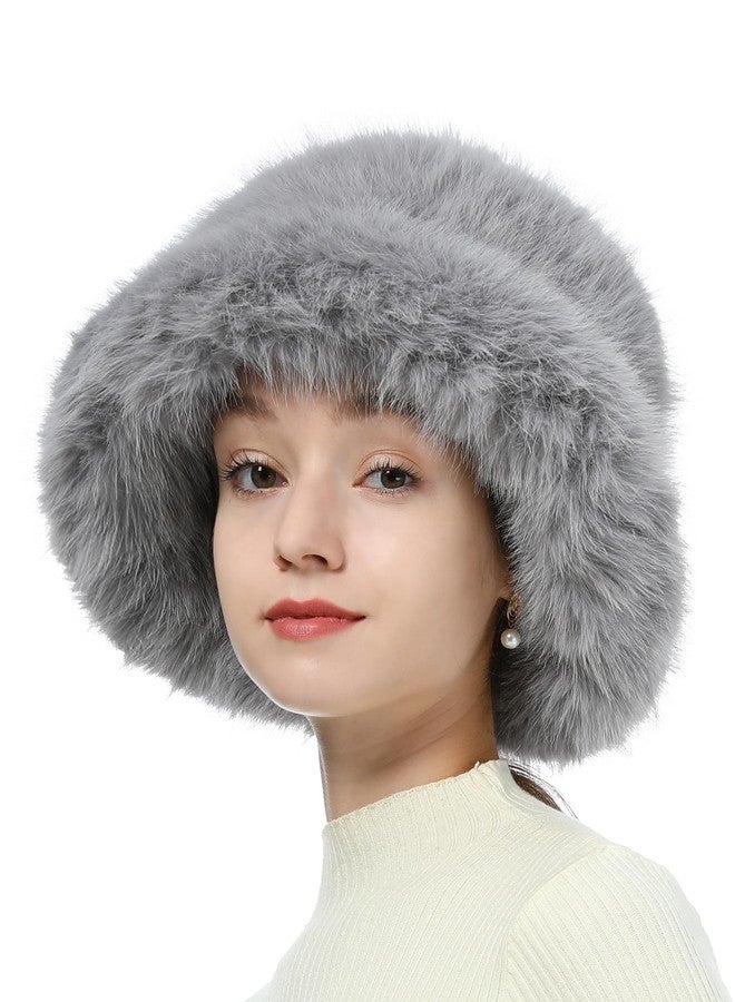 LA CARRIE Women's Fuzzy Wide Brim Faux Fur Bucket Hat Winter Warmer Fisherman Cap(Gray) - Image 4