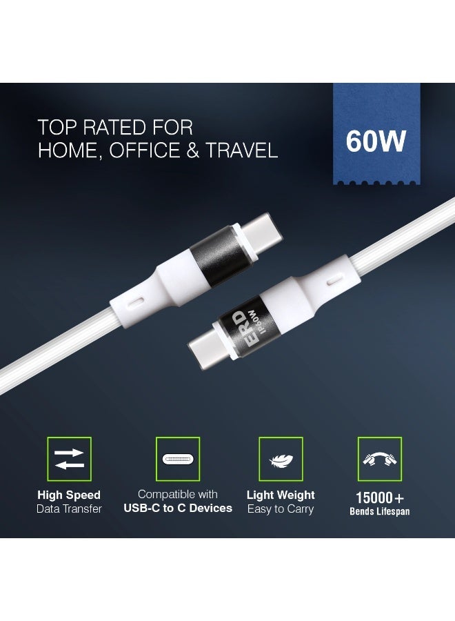 ERD كابل شحن سريع USB-C إلى USB-C 60W ERD UCE-614 متميز [1 متر] | موصلات ألومنيوم معدني ونقل بيانات عالي السرعة | عمر انحناء يزيد عن 15,000 | متوافق مع iPhone 15 و MacBook و iPad و Samsung Galaxy وأجهزة الكمبيوتر المحمولة وجميع أجهزة Type-C (أبيض) - Image 3