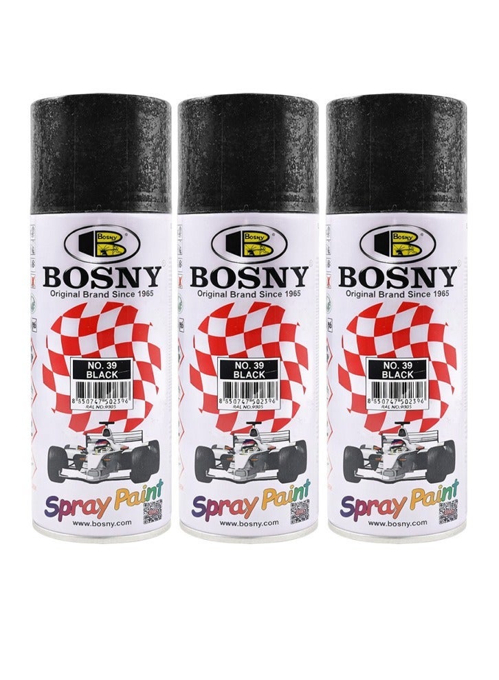Bosny Combo 3 Pcs BOSNY No.39 Black Spray Paint Multi-Surface Aerosol Paint for Metal, Wood, Wall, Glass & Automotive Touch-Up | Quick Dry, High Gloss Finish, Long Lasting DIY & Industrial Spray Paint - Image 1
