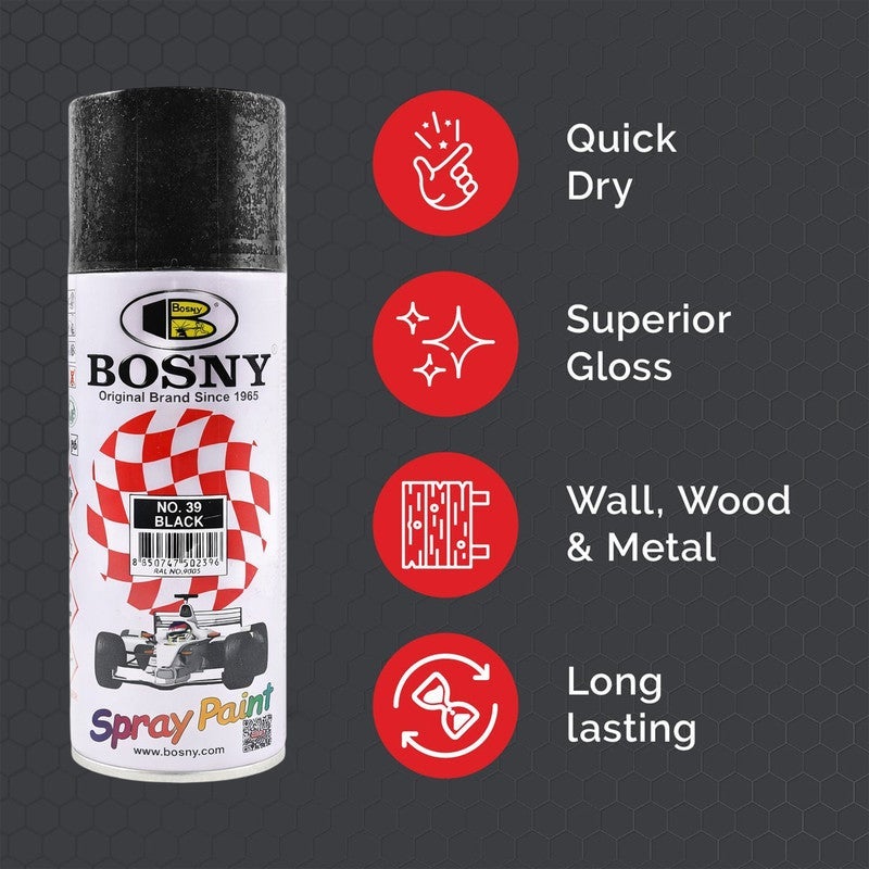 Bosny Combo 3 Pcs BOSNY No.39 Black Spray Paint Multi-Surface Aerosol Paint for Metal, Wood, Wall, Glass & Automotive Touch-Up | Quick Dry, High Gloss Finish, Long Lasting DIY & Industrial Spray Paint - Image 2