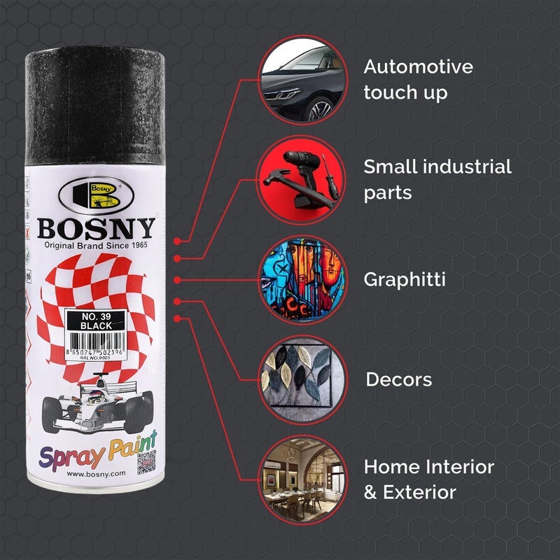 Bosny Combo 3 Pcs BOSNY No.39 Black Spray Paint Multi-Surface Aerosol Paint for Metal, Wood, Wall, Glass & Automotive Touch-Up | Quick Dry, High Gloss Finish, Long Lasting DIY & Industrial Spray Paint - Image 3
