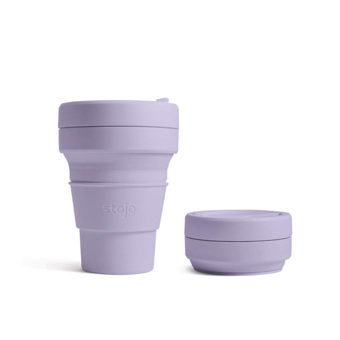 ONTHEGO COLLAPSIBLE COFFEE CUP 12OZ 355ML REUSABLE FOLDABLE SILICONE TRAVEL MUG WITH LID PORTABLE POCKET SIZE DISHWASHER SAFE LILAC