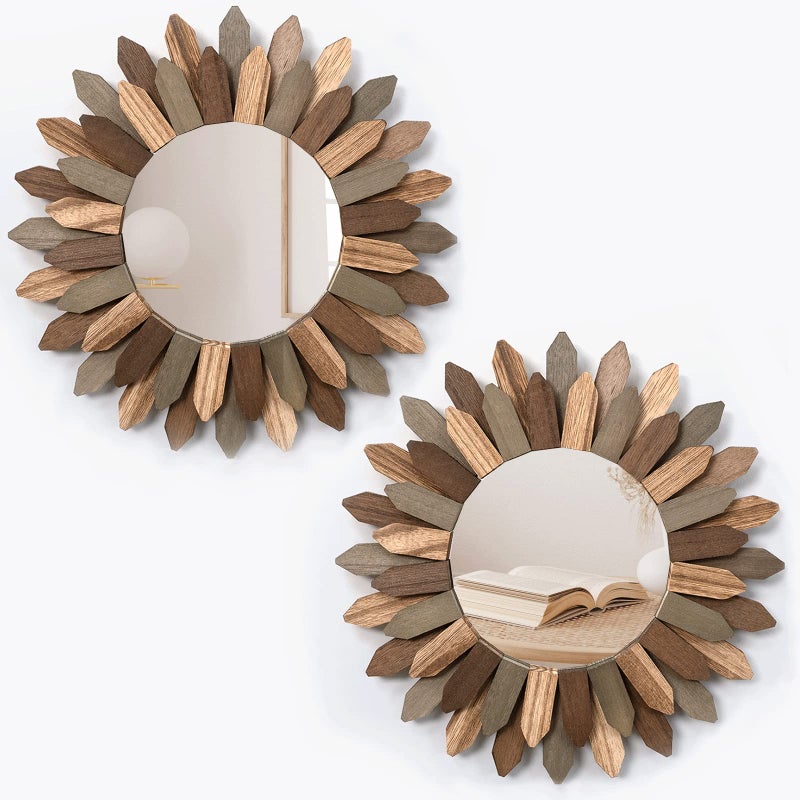 Honiway Boho Wall Decor Mirror 2 Pack 12 inch Rustic Wood Decorative Mirror for Wall Decor Room Decor Rustic Wall Decor Farmhouse Decor for Bedroom Bathroom Living Room Entryway Tril Color