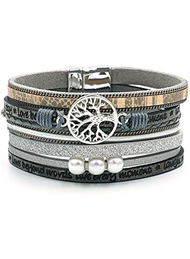 Arabest Tree of Life Leather Wrap Bracelet for women,Bohemian layered magnetic Clasp Pearl bracelet Gift, Jewelry Gifts for Women Teen Girls (gray) - Image 1