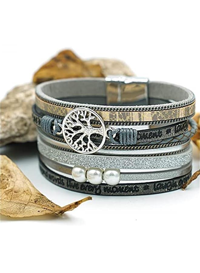 Arabest Tree of Life Leather Wrap Bracelet for women,Bohemian layered magnetic Clasp Pearl bracelet Gift, Jewelry Gifts for Women Teen Girls (gray) - Image 3