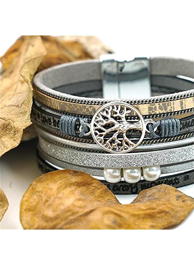 Arabest Tree of Life Leather Wrap Bracelet for women,Bohemian layered magnetic Clasp Pearl bracelet Gift, Jewelry Gifts for Women Teen Girls (gray) - Image 5