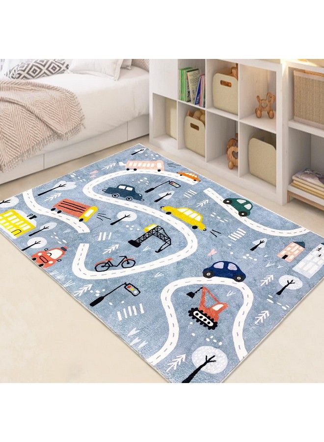 USTIDE سجادة لعب للأطفال على شكل طريق المدينة لسيارات الألعاب والقطارات، سجادة أرضية كبيرة ناعمة غير قابلة للانزلاق، سجادة تعليمية ممتعة، سجادة مرورية لطيفة لغرفة المعيشة وغرفة النوم والحضانة (39.3 × 59 بوصة) - Image 1
