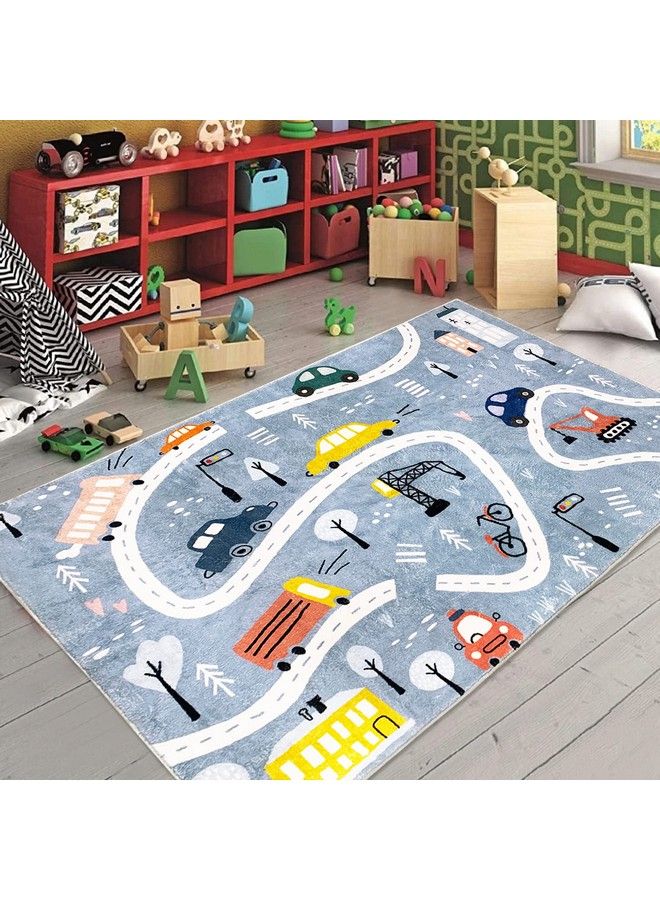 USTIDE سجادة لعب للأطفال على شكل طريق المدينة لسيارات الألعاب والقطارات، سجادة أرضية كبيرة ناعمة غير قابلة للانزلاق، سجادة تعليمية ممتعة، سجادة مرورية لطيفة لغرفة المعيشة وغرفة النوم والحضانة (39.3 × 59 بوصة) - Image 5