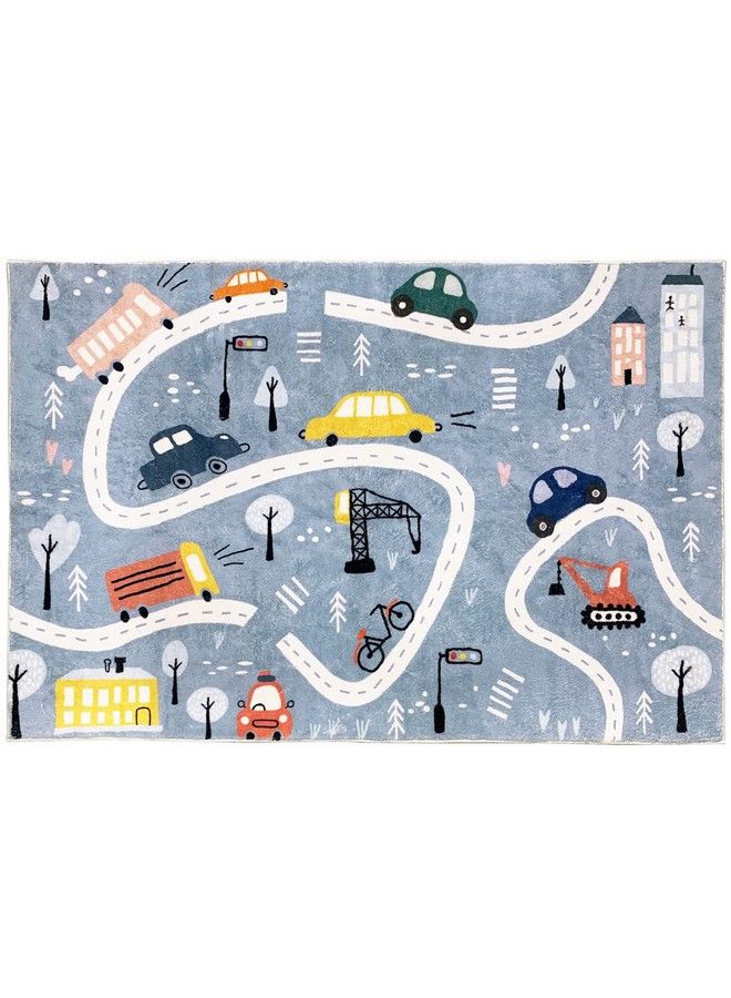 USTIDE سجادة لعب للأطفال على شكل طريق المدينة لسيارات الألعاب والقطارات، سجادة أرضية كبيرة ناعمة غير قابلة للانزلاق، سجادة تعليمية ممتعة، سجادة مرورية لطيفة لغرفة المعيشة وغرفة النوم والحضانة (39.3 × 59 بوصة) - Image 3