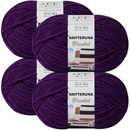 Knyteruna #6 Super Bulky Blanket Yarn for Crocheting - 4 Skeins(Each 10.5oz/300g, 220yds/201m), Chunky Chenille Thick Plush Big Soft Yarn for Crocheting Knitting Blankets, Dark Purple - Image 1