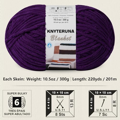 Knyteruna #6 Super Bulky Blanket Yarn for Crocheting - 4 Skeins(Each 10.5oz/300g, 220yds/201m), Chunky Chenille Thick Plush Big Soft Yarn for Crocheting Knitting Blankets, Dark Purple - Image 2