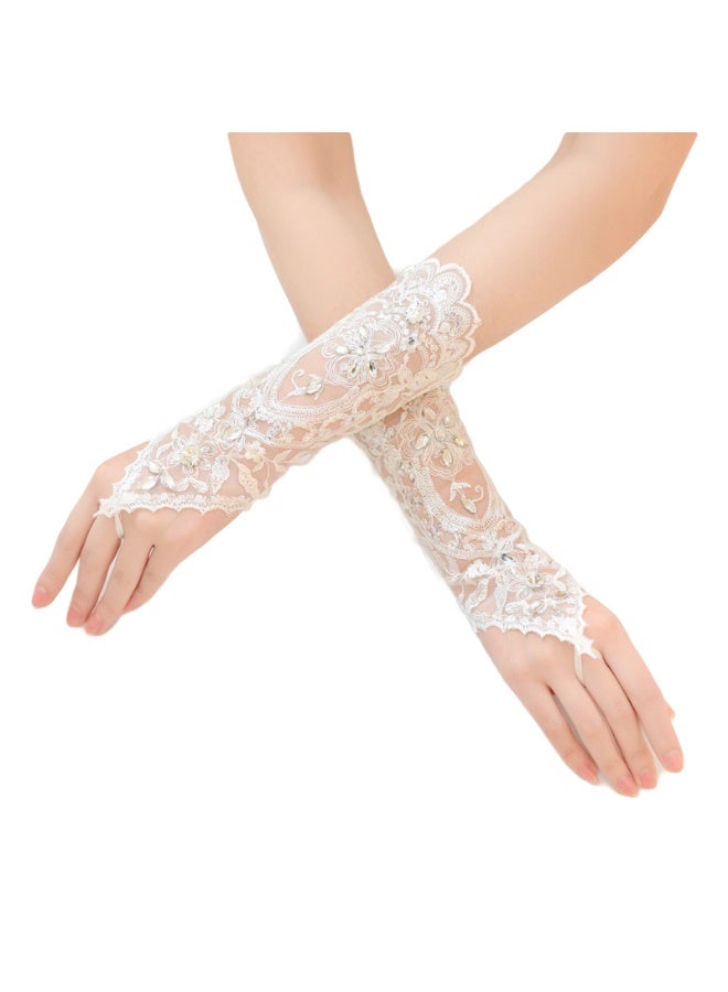 Women Lace Wedding Gloves Lace Fingerless Rhinestone Bridal Gloves for Wedding Prom Evening Party  - Image 1