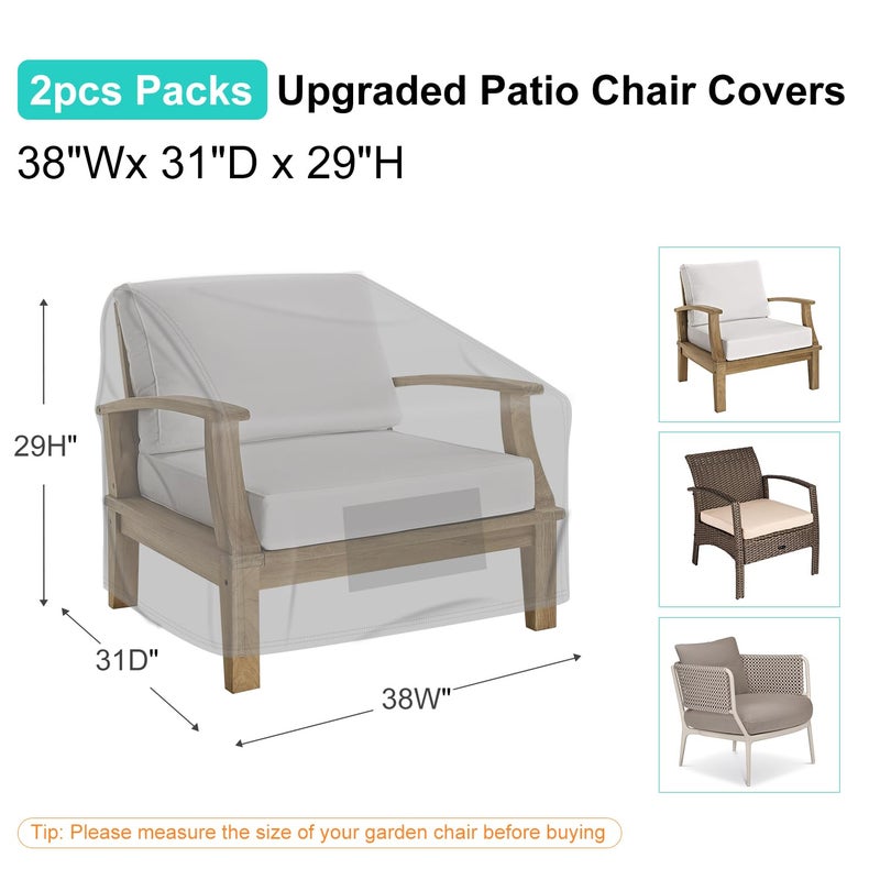 BROSYDA Patio Chair Covers for Outdoor Furniture Waterproof 2 Pack, Lawn Chair Covers 600D Heavy Duty Oxford Cloth, Large Covers for Lounge Lawn Deep Seat 38" W x 31" D x 29" H-Gray - Image 2