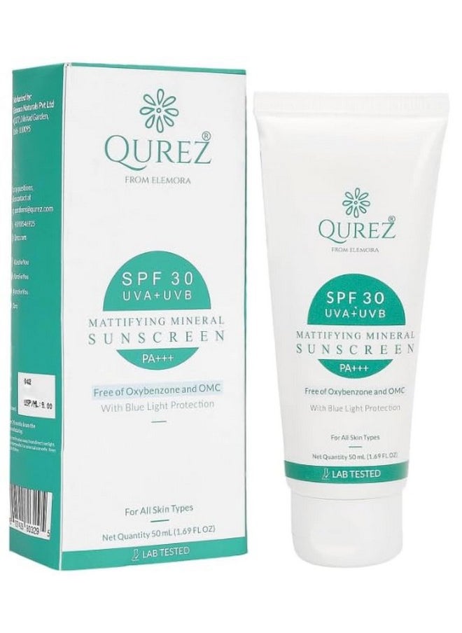 Qurez - Mattifying Mineral Sunscreen Spf 30 Blue Light Protection Pa+++ Broad Spectrum Uv A Uv B For Glowing & Well Protected Skin Cream No White Cast Acne Safe 50 Ml - Image 1