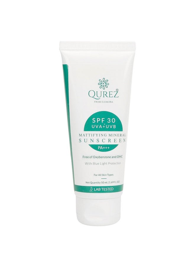 Qurez - Mattifying Mineral Sunscreen Spf 30 Blue Light Protection Pa+++ Broad Spectrum Uv A Uv B For Glowing & Well Protected Skin Cream No White Cast Acne Safe 50 Ml - Image 1