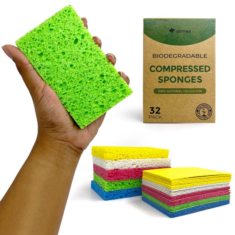 AIRNEX Biodegradable Compressed Cellulose Sponges  Pack of 32 Pop Up Natural Dish Sponges  Multicolor Non Scratch Heavy Duty Multipurpose Compostable and Eco Friendly
