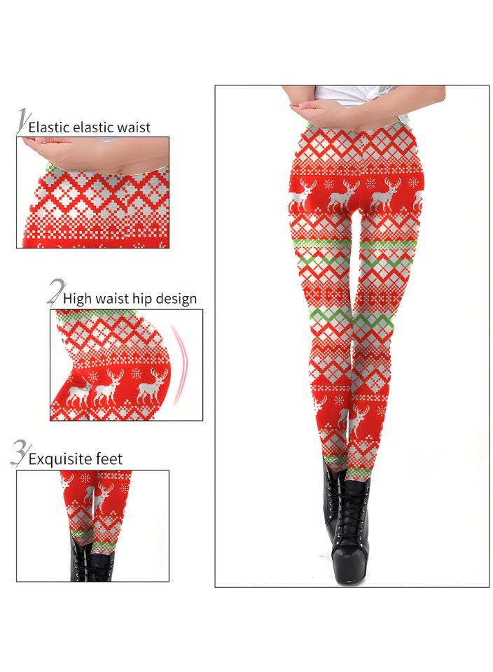 Loquat Womens Printed Christmas Leggings High Waist Xmas Tight Holiday Skinny Pants - Image 2