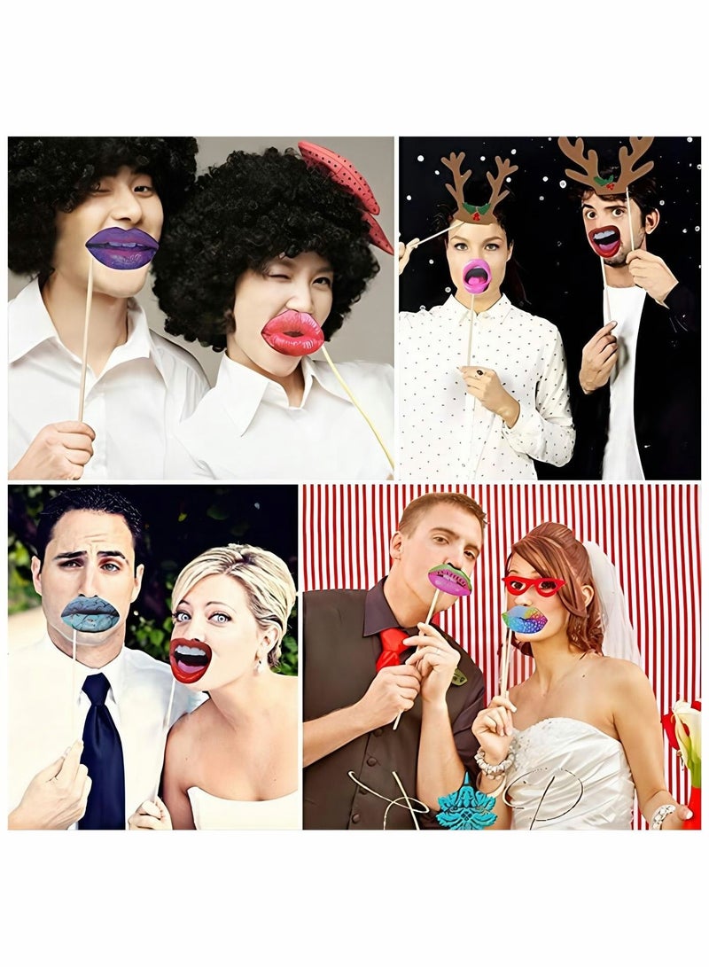 Excefore Party Photo Booth Props, 40PCS Funny Mouth Lips Photo Props Party Favor, Funny Mouth DIY Set with Wood Stick Adult Kids Selfie Props Accessories for Birthday Wedding New Year Graduation Party Supplies - Image 3