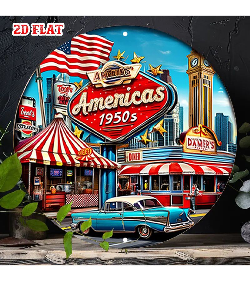 أمريكا خمسينيات القرن الماضي لافتة diner مستديرة من الألومنيوم مقاس 7.8x7.8 بوصة ديكور حائط معدني من القصدير لمنظر المدينة للمنزل أو المرآب أو المقهى - Image 1