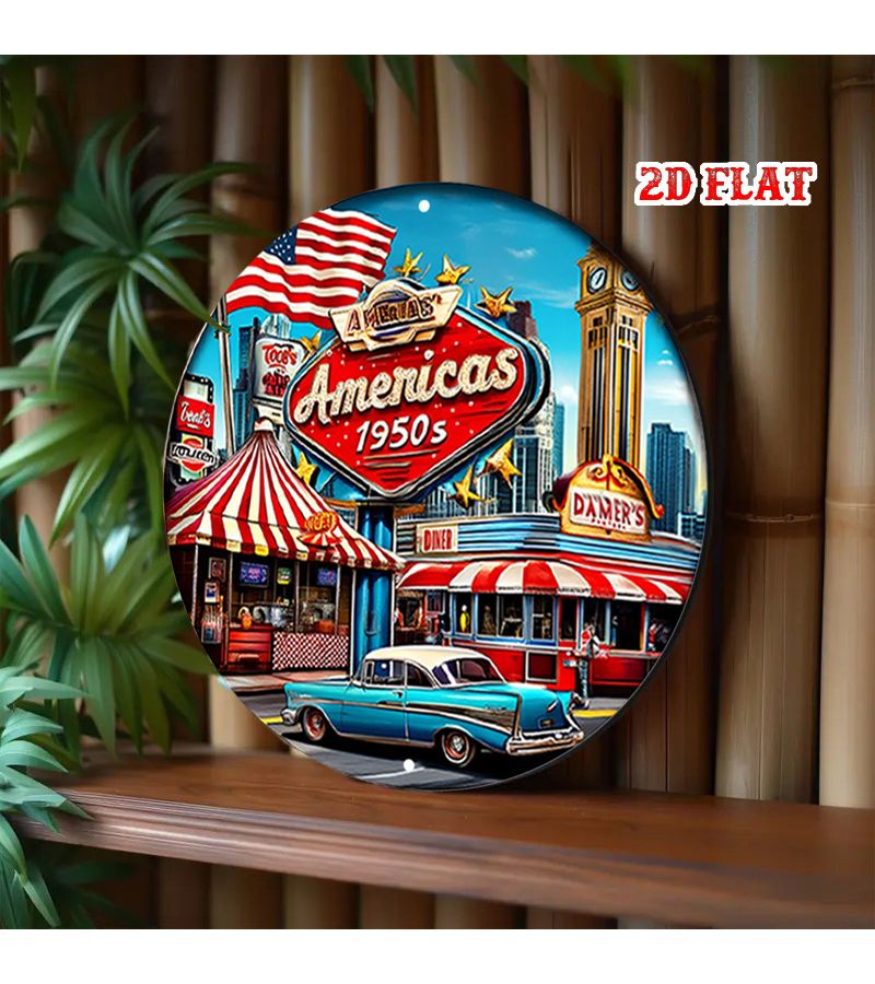 أمريكا خمسينيات القرن الماضي لافتة diner مستديرة من الألومنيوم مقاس 7.8x7.8 بوصة ديكور حائط معدني من القصدير لمنظر المدينة للمنزل أو المرآب أو المقهى - Image 5