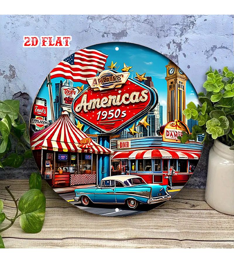 أمريكا خمسينيات القرن الماضي لافتة diner مستديرة من الألومنيوم مقاس 7.8x7.8 بوصة ديكور حائط معدني من القصدير لمنظر المدينة للمنزل أو المرآب أو المقهى - Image 3