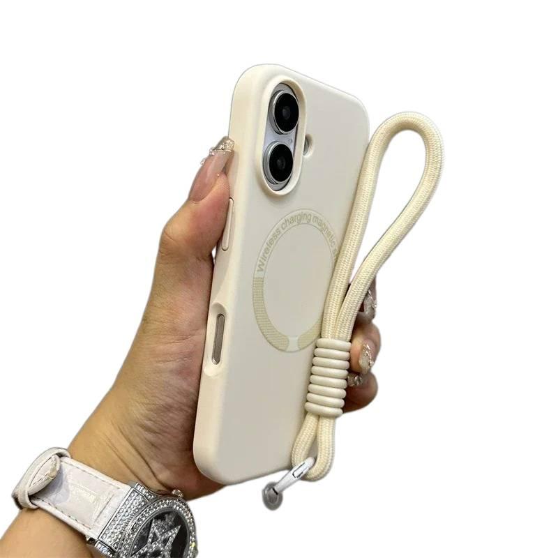 غطاء MagSafe بسيليكون لـ iPhone 12 Pro مع تغطية كاملة وسيليكون سائل مع مغناطيسي مع حزام معصم باللون أبيض من السيليكون باللون الأبيض - Image 1