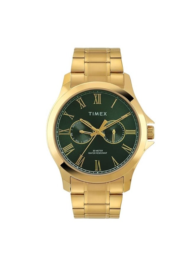 تيميكس ساعة يد TIMEX للرجال، عقارب، بمينا دائري أخضر وسوار من الفولاذ المقاوم للصدأ بلون الذهب الوردي - مقاومة للماء - طراز TW000X142 - Image 1