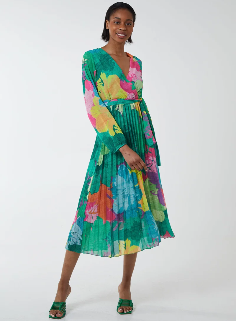 Blue Vanilla ADELE - Floral Wrap Front Pleated Midi Dress