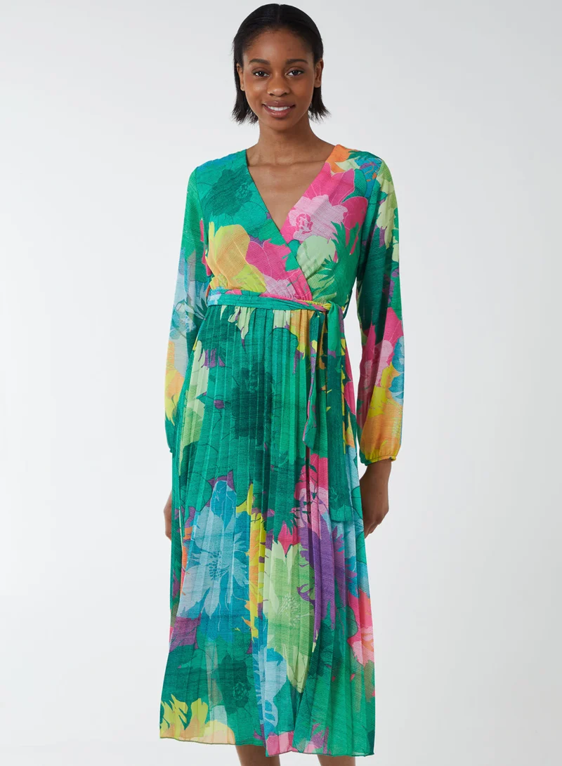 Blue Vanilla ADELE - Floral Wrap Front Pleated Midi Dress