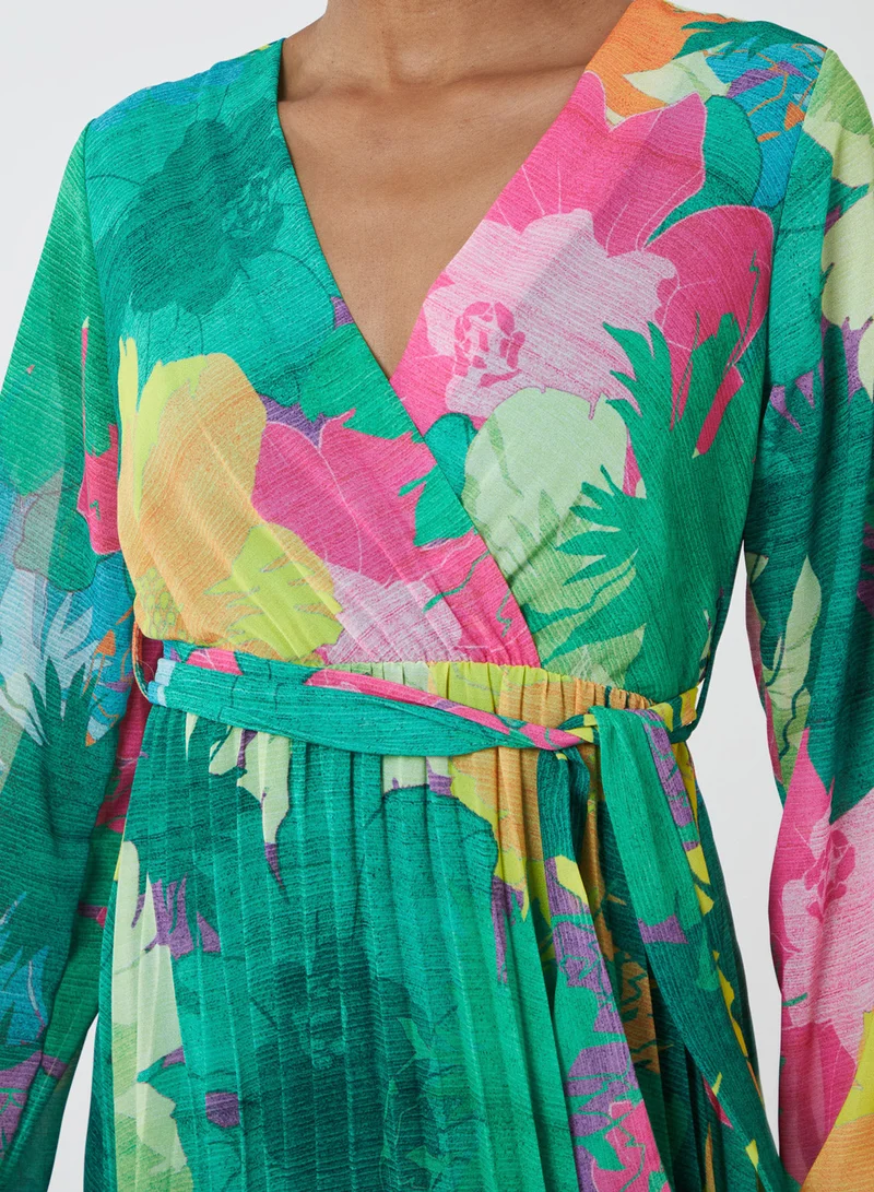 Blue Vanilla ADELE - Floral Wrap Front Pleated Midi Dress