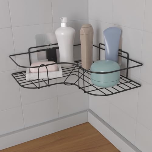 RIOMAX Wall Mounted Self-Adhesive Bathroom Corner Shelf/Kitchen Rack & Holder/Storage Organizer Rack - Bathroom Accessories (Material-GI Metal, Powder Coated Finish, Black, Pack of 1) - Image 1