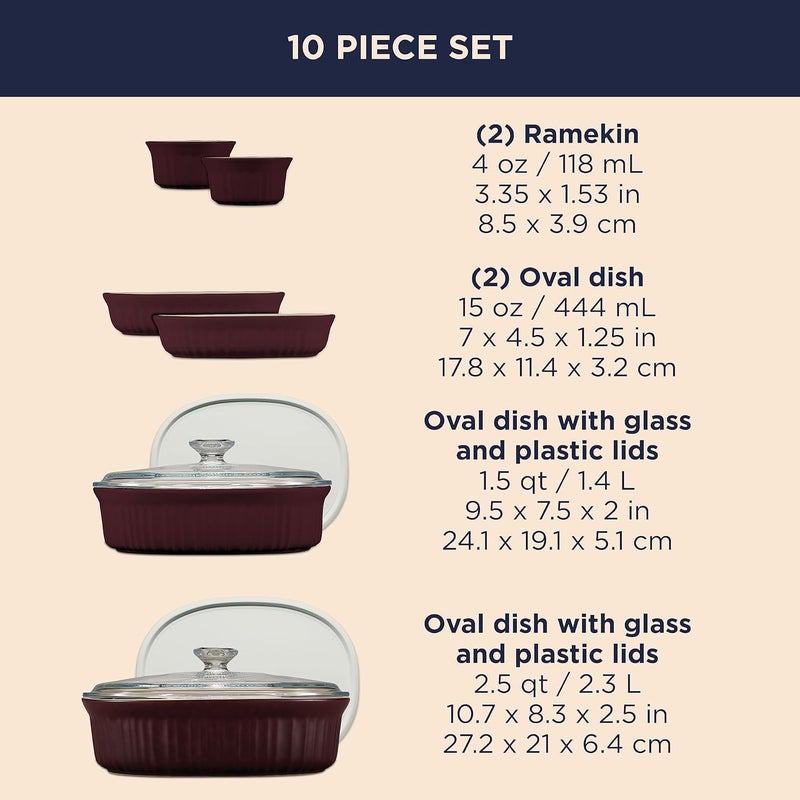 Corningware طقم أواني الخبز السيراميكية من كورنينغ وير مع أغطية مقاومة للكسر والتشقق 10 قطع فرنسي كابيرنيه - Image 2
