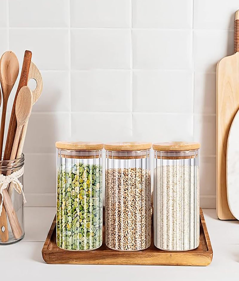 WRINGO Borosilicate Glass Food Storage Containers with Airtight Bamboo Lid, Thickened Coffee Storage Jars for Home Kitchen, Pantry Tea, Spices, Snack (R Linig - 1400ML, Set of 4) - Image 2