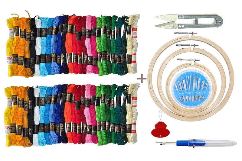 TE Embroidery Kit with Wooden Hoop Ring 6,7,8 Inches, 50 Multicolor Threads, 30 Needles, 1 Seam Ripper, 1 Threader and 1 Thread Cutter for Cross Stitch (Emb. kit 1st & 1st aati) - Image 1
