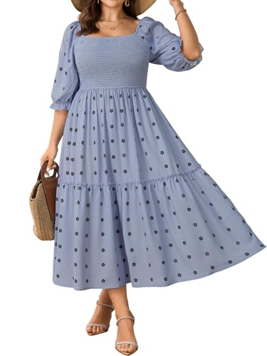 SCOMCHIC Women's Plus Size Maxi Dress Puff Short Sleeve Square Neck Floral Casual Boho Tiered Smocked Ruffle Flowy Long Dresses - Image 1
